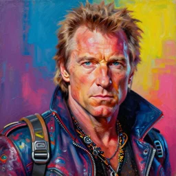 clint eastwood as an apocalyptic scifi orcish biker character, psychedelic vibrant colors, futuristic punk rock fashion, oil painting by michael whelan art, perfect face, sharp focus, detailed eyes, realistic, 8 k