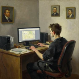 some guy sitting in his small room looking at a computer screen. jamie wyeth greg rutkowski winslow homer thomas eakins lucian freud edward hopper j. m. w. turner edgar degas giorgio morandi peter doig oil painting