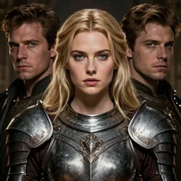 head-on centered symmetrical RPG avatar portrait, Elisha Cuthbert as a holy paladin, blonde hair, ornate steel armour, dramatic lighting, establishing shot, book cover, high detail, cinematic lighting, 8k, concept art, artstation, matte painting, in the style of eddie mendoza, raphael lacoste, alex ross