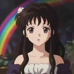 pre-raphaelite cute anime girl with dark rainbow, blurred detail, photo by Annie Leibovitz, Katsuya Terada