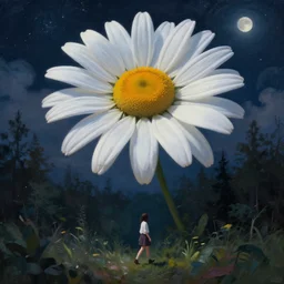 huge daisy flower over head, girl walking in forest, surreal photography, dark night, stars, moon light, impressionist painting, clouds, digital painting, artstation, simon stalenhag