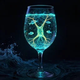 bioluminescent neurons floating wine glass with a dramatic turbulent ocean, fish robots swimming in the glass, backlit, dark background, intricate, indie studio, realistic, rim lighting, flourecent colors, emotional, sketch, realistic, dramatic shadows