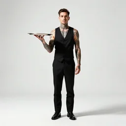 tattooed waiter with serving tray, cinematic studio photo, full body, standing, isolated on a pure white background, centered, whole figure in frame, sharp focus, studio lighting