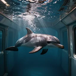 dolphin swimming in the interior of a subway train, underwater, sun streaming in, water bubbles, particulate, extremely detailed, studio lighting, fujicolor 4 0 0