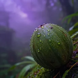 closeup shot of alien jungle fruit covered in dew drops, looming milky purple mist in the background, tilt shift, low angle