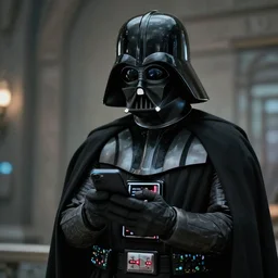 Darth Vader texting on a smart phone