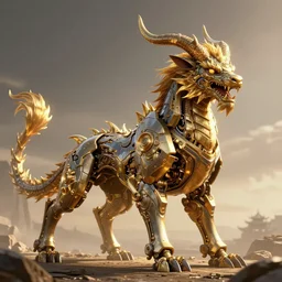 a beautiful octane render of a huge ferocious kylin mythical animals occupy the ground, surrealistic, epic, 8 k hd, light effect, unreal engine, trending on cgsociety, 3 d model, cool mecha style, trending on artstation, ultra wide angle,, 3 d render, ray tracing, mechanics, hyper detailed, golden ratio, realistic physical rendering, close shot