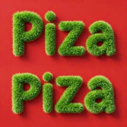 a text font that looks like grass spells the word pizza on red background