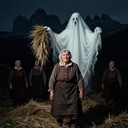 1 9 2 0 s spirit portrait photography of an old female farmer 0 1 2 3 4 turning into a krampus ghost with hay cloth in the dolomites, by william hope, dark, eerie, grainy
