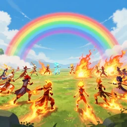 a zoomed out panoramic view of rainbow soul fire spirits fighting on the battlefield. hyperrealistic anime background illustration by kim jung gi, colorful, extremely detailed intricate linework, smooth, super sharp focus, bright colors, high contrast, matte, octopath traveler, unreal engine 5 highly rendered, global illumination, radiant light
