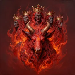 diadems, crowns, on a ten horned beast with seven heads, fiery red, detailed, intricate, matte painting by Michael Whelan, Giger and Jacek Yerka