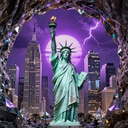 of a cave with a miniature futuristic photo - realistic new york city with mirror windows in crystalline : 4, the statue of liberty : 4, highly symmetrical, balanced, purple lightning clouds : 3, octane render, violet sun : 4, in the style of sahm : 3, hd, ultra - realistic, in unreal engine