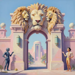 “A surreal pastel painting of the Lion's gate, futuristic picasso by hr giger and Vladimir kush and dali and kandinsky, 3d, realistic shading, complimentary colors, vivid pastel colors, aesthetically pleasing composition, masterpiece, 4k, 8k, ultra realistic, super realistic”