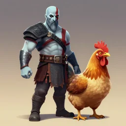 hybrid of kratos and a chicken, digital art, cold hue's, warm tone gradient background