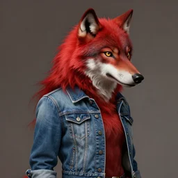 upper body shot of an anthropomorphic wolf female with bright red fur wearing a denim jaket and jeans, diffuse lighting, fantasy, intricate, elegant, highly detailed, lifelike, photorealistic, digital painting, artstation, smooth, sharp focus, naturalism, trending on byron's - muse, by greg rutkowski and greg staples