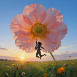 closeup, giant flower head, girl in suit jumping in a field of flowers, surreal photography, sunrise, blue sky, dramatic light, impressionist painting, digital painting, artstation, simon stalenhag