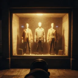 first - person perspective looking at a store window with mannequins, nighttime, warm glow of light emits from store, in the style of fallout game, color photo, vintage film artifacts,