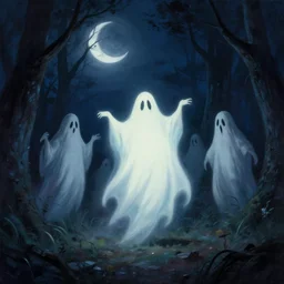 ghosts monsters ghouls at midnight in the forest. at night. crescent moon night sky. thomas kinkade. digital painting. marc simonetti. dancing ghost ghoul. michael whelan. mysterious void glow. greg rutkowski. scary. creepy. artstation.