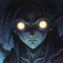 a close up of a creature with glowing eyes, a character portrait by kentaro miura, fantasy art, lovecraftian, apocalypse art, artstation hq