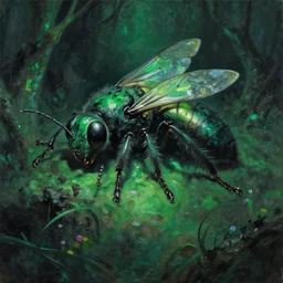 the sleeping insect queen that lurks below, a fantasy painting by wenjun lin | monstrous beast | green and black hues
