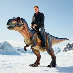 photo of conan o'brien riding a velociraptor in the north pole