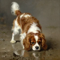 a cavalier king charles spaniel, drinking from a puddle, muddy rainy day, painting by albert edelfelt