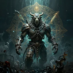 masterpiece portrait of an ancient chained beast with biomechanical modifications surrounded by underwater ink pour and flowing liquid and complex sacred geometry, powerful, cinematic, dramatic lighting, by elden ring, h. r. giger, beksinski, alphonse mucha, artgerm, donato giancola, tom bagshaw, 3 d, trending on cgsociety, octane render, 8 k