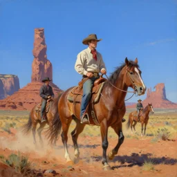 the wild west, cowboys riding horses, monument valley, blue sky, american romanticism, masterpiece, oil painting, 4 k render