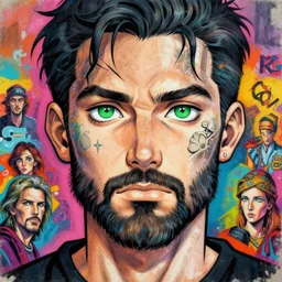 beautiful anime of bold head with cut beard and green eyes, by sherree valentine daines, peter mohrbacher, alice neel, donato giancola, mike winkelmann, laurie greasley. trending on artstation, 8 k, masterpiece, graffiti, fine detail, full of color, intricate detail, golden ratio illustration, face detail