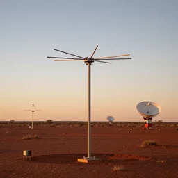 anemometer, multiple radial shaped, atmospheric water condenser and extractor and collector, nikoa tesla antenna array technology, in the red australian desert, dawn's natural light, high quality photograph, shallow depth of field, simple composition, symmetrical, golden ratio