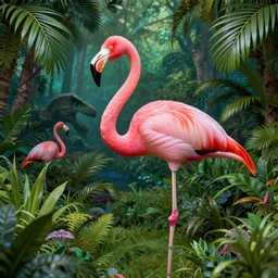 a pink flamingo in a lush detailed jurassic landscape, hyper realistic art, 4 k, hyper realistic, coherent design, symmetrical, vivid colour, trending on art station, in the style of pi - slices, complementary colour, golden ratio, detailed, sharp lines, intricate, rainbow shift, in unreal 3 d engine, ray tracing, octane render