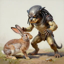 detailed oil painting of predator fighting the rabbit from monty python and the holy grail, intricate, highly detailed by simon stalenhag and greg rutkowski and mark brooks