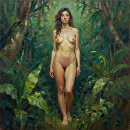 frazetta woman full body panoramic portrait textured oil painting jungle background
