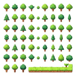 A game assets spritesheet by Dofus Online.  Containing modular props,  terrain, trees, 2d side view, platform, vector art, very detailed