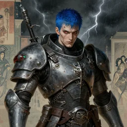 portrait of gothic and futuristic young man, warhammer, cyber armor, a lot of scars, thunderstorm, blue head, red eyes, some green, the middle ages, highly detailed, artstation, in the style of moebius, jugendstil and classic japanese print, art by alfred kubin, jean delville