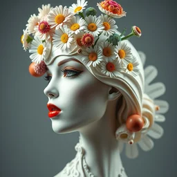 cyberpunk beautiful woman portrait with a smooth carved porcelain ivory profile face, futuristic haute couture, iris van herpin, headdress with daisies, colorful puffballs, mushrooms, rhizomorphs, brackets, sponge corals, laser cut paper, red lips, leaves tendrils, hyper detailed, ultra sharp, 8 k, uhd