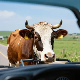 a cow driving a car