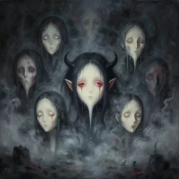 A beautiful detailed aesthetic horror mate painting titled 'Faces floating in miasma' description 'Demonic faces floating in thick demonic fog' by Takashi Murakami and Takato Yamamoto, Trending on cgsociety artstation, cinematic lighting, 8k, masterpiece.