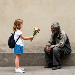 a young girl giving flowers to a poor man by Banksy