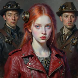portrait of a young girl in a leather jacket, pale skin, vibrant color, steampunk, high detail, painting by tretchikoff and ruan jia and peter mohrbacher