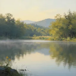 highly detailed 4 k painting of a landscape with a lake, calm, peaceful, morning light