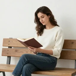 A photograph of a woman reading a book while sitting on a bench in a clearing, next to another bench, looking down from above, black and white photo.ISO200,F4.5,80mm,1/30,Nikon D3.