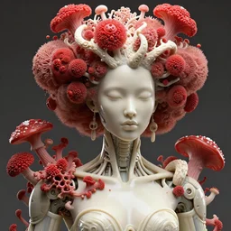 intricate hyper detailed ultra sharp focus front shot 3 d render of a beautiful porcelain ivory afro albino cyborg woman, up close shot, f 2. 8 1 5 0 mm, sharp focus, alexandre ferra, giger, elegant bionic cyberpunk biomechanical haute couture red fractal mushroom sponge corals, brackets, mushrooms, puffballs, rhizomorphs head ornaments, octane render, volumetric cinematic lighting, 8 k,
