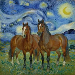 horses standing in a field in the moonlight, award winning painting by Vincent van gogh, highly detailed, masterpiece