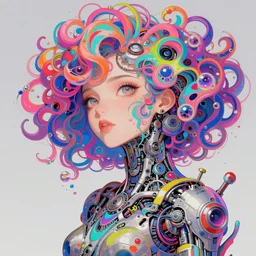 a digital painting of a woman with colorful hair made of curly liquid and bubbles, intricate mechanical details, futuristic, a pop art painting by tomokazu matsuyama, behance contest winner, psychedelic art, psychedelic, 2 d, digital illustration, trending on artstation, anime stylized, accurate fictional proportions, high delicate defined details, ethereal lighting