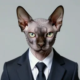 photographic portrait of a sad max ernst hairless cat face, wearing a suit, editorial