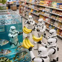 Star wars troopers fighting with bananas in a supermarkets fish area, the star wars troopers try shooting and hitting other troopers with bananas, high perspective inside the store, 40nm lens, shallow depth of field, split lighting, 4k,