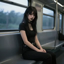 slim goth girl sitting on a train, evening, super realistic, perfect lighting, detailed, high contrast, bokeh