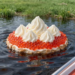an island made of red caviar, in the center of the island of caviar there are mountains made of white ice cream, the water around this island is made of coca - cola ( dark brown water ), the photo was taken from a boat, without green grass, 3 5 mm, cinematic