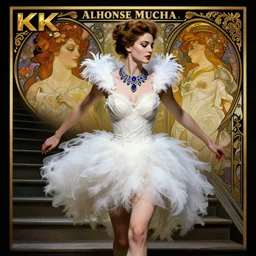 hyperrealistic portrait of a woman as amber heard running down a staircase noir white swan dress wearing sapphire jewellery feather collar by jeremy mann and alphonse mucha, fantasy art, photo realistic, dynamic lighting, artstation, poster, volumetric lighting, very detailed faces, 4 k, award winning